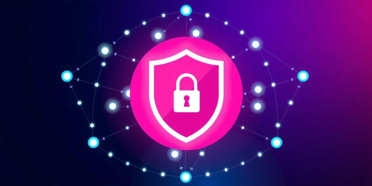Grafika przedstawiająca bezpieczne połączenie cyfrowe, z tarczą i kłódką w centrum, otoczoną liniami przesyłu danych, symbolizującymi ochronę danych online.