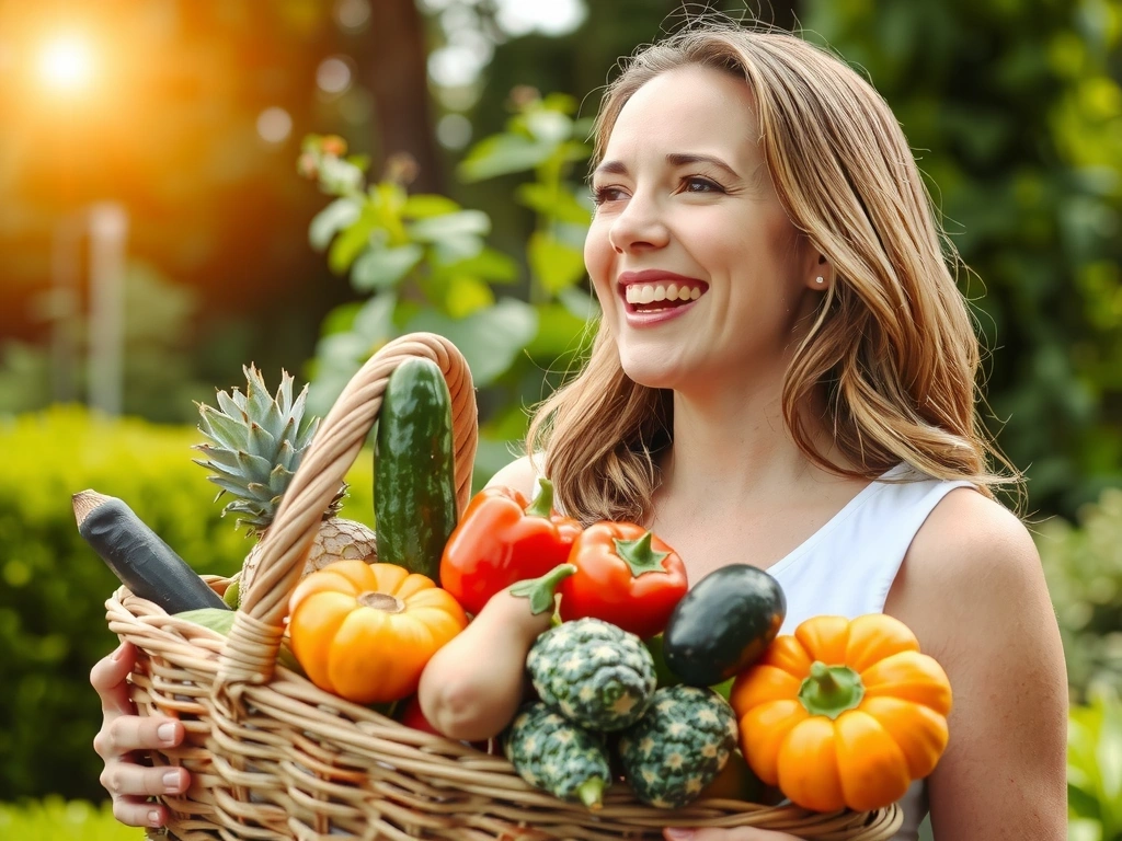 Radosna kobieta trzymająca świeże owoce i warzywa, symbolizujące zdrową dietę i naturalne suplementy, w tle zielony ogród.