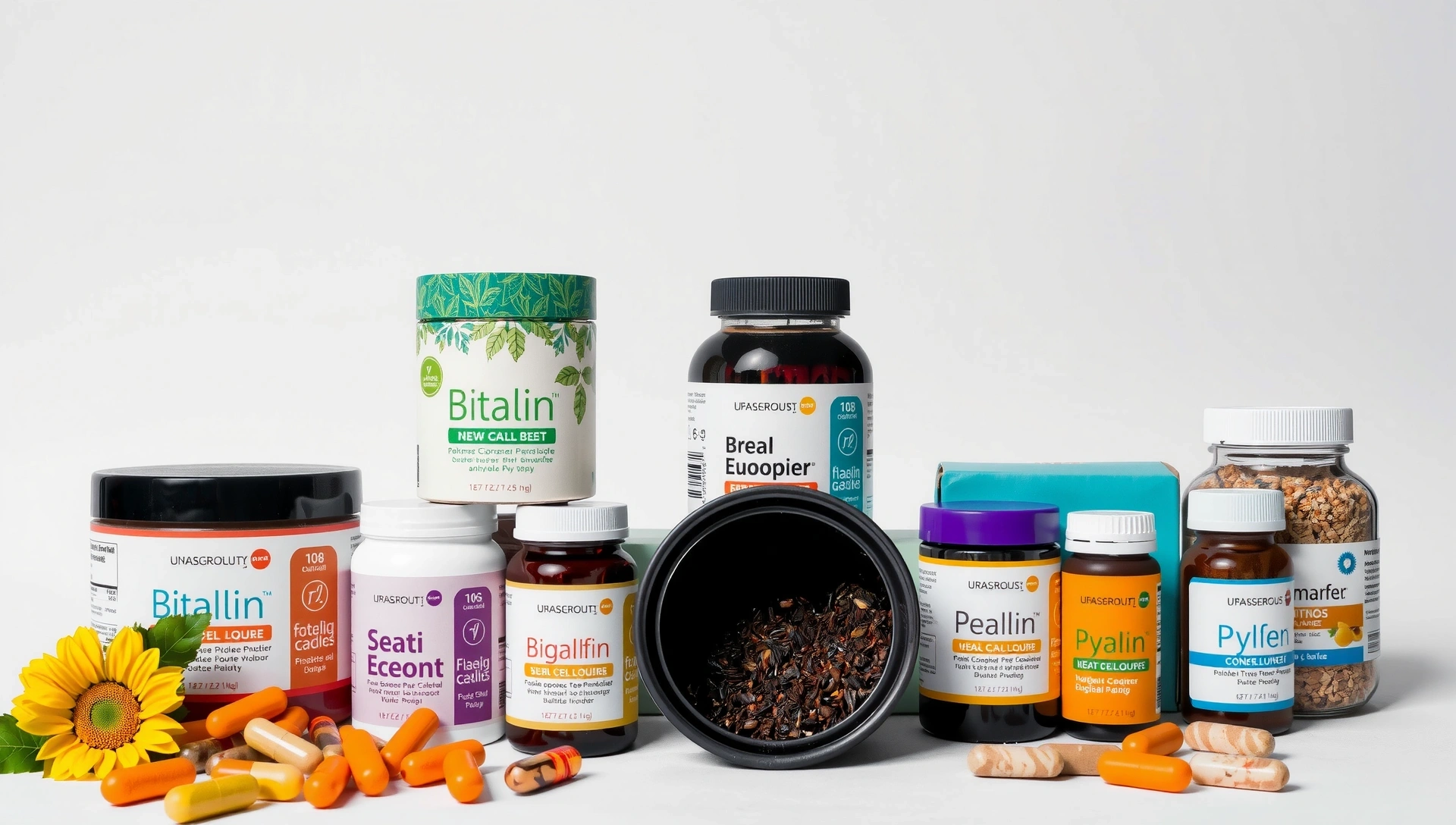 Wibrująca kolekcja naturalnych suplementów, symbolizująca zdrowie i witalność.