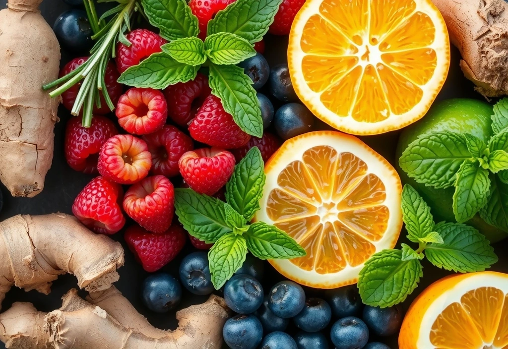 Close-up of various natural ingredients like herbs, fruits, and roots, arranged aesthetically