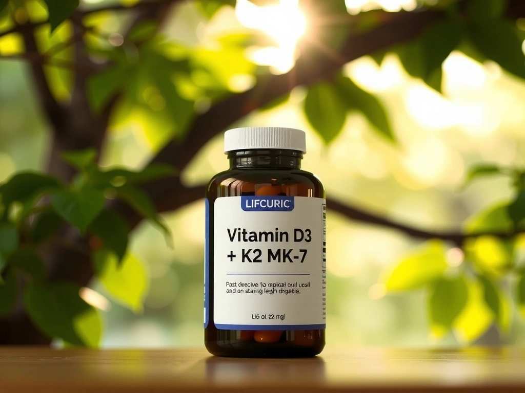 Opakowanie suplementu Witamina D3 + K2 MK-7 z naturalnymi składnikami w tle