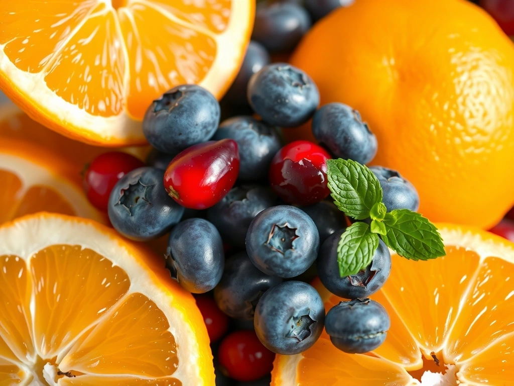 Zbliżenie na owoce wzmacniające odporność, takie jak pomarańcze i jagody.